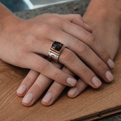 Smoky Quartz Mixed Metal Ring 8.7 Carat Natural Brown Smoky Quartz Gemstone Two Tone Solid 9k Yellow Gold&amp;925 Sterling Silver Solitaire Ring