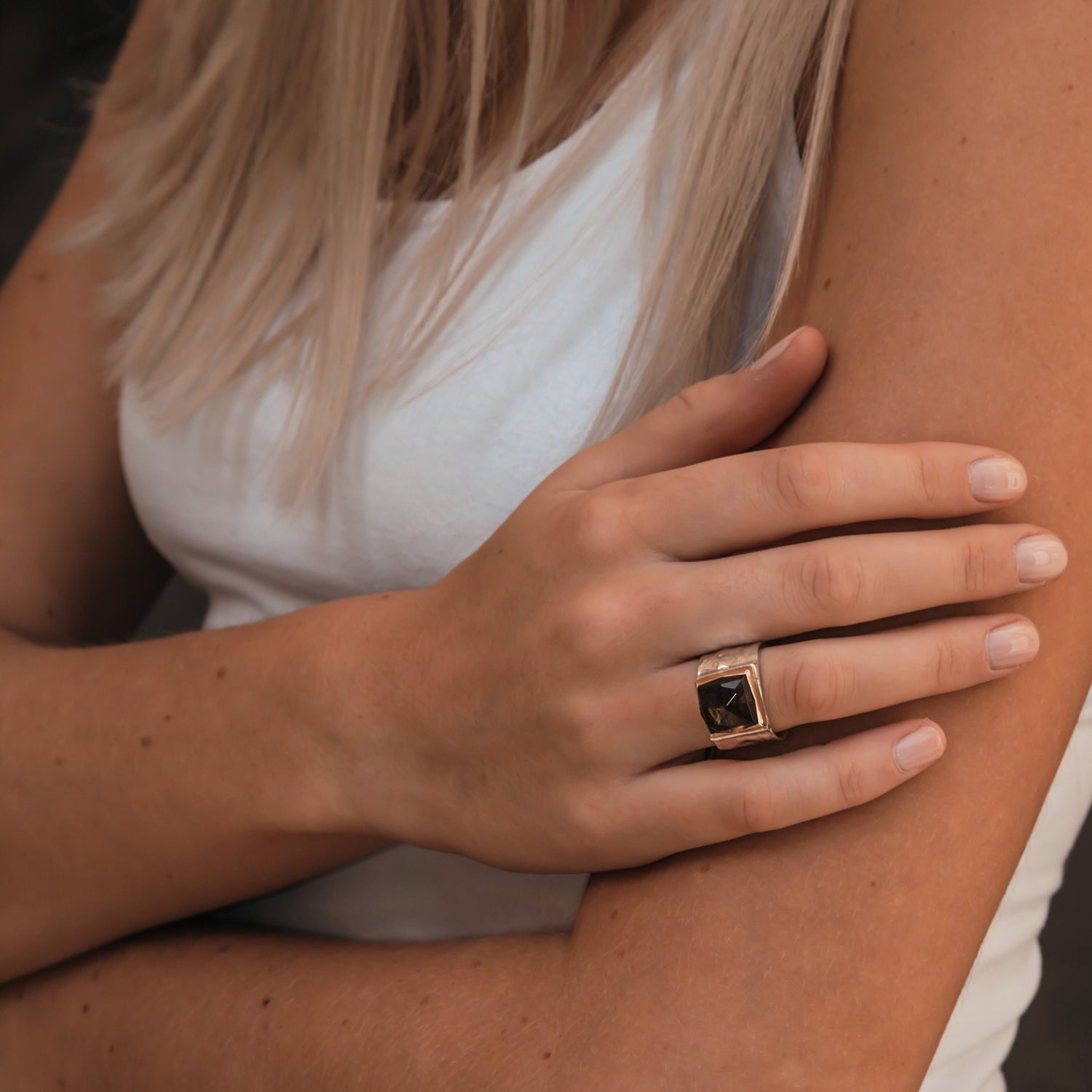 Smoky Quartz Mixed Metal Ring 8.7 Carat Natural Brown Smoky Quartz Gemstone Two Tone Solid 9k Yellow Gold&amp;925 Sterling Silver Solitaire Ring