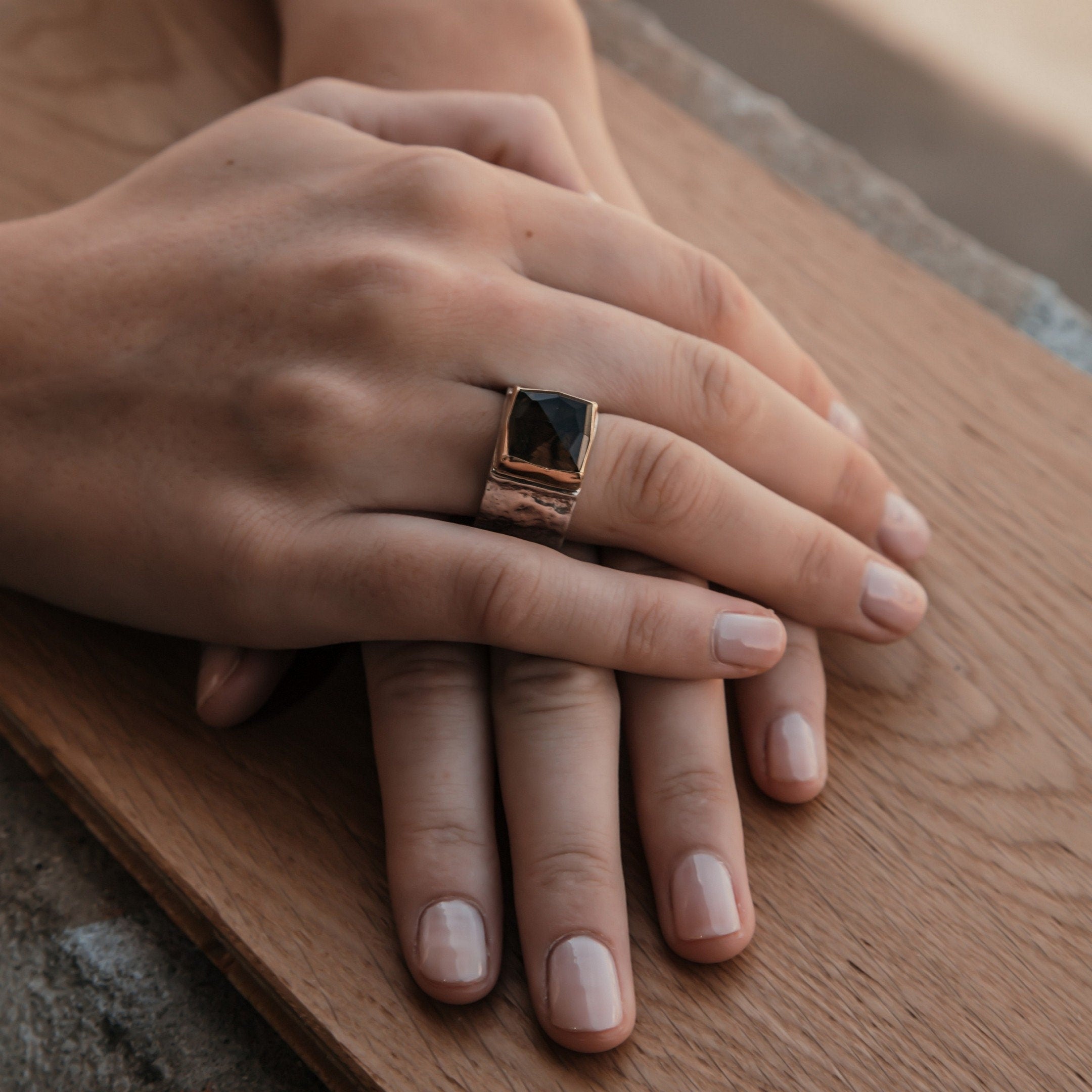 Smoky Quartz Mixed Metal Ring 8.7 Carat Natural Brown Smoky Quartz Gemstone Two Tone Solid 9k Yellow Gold&amp;925 Sterling Silver Solitaire Ring