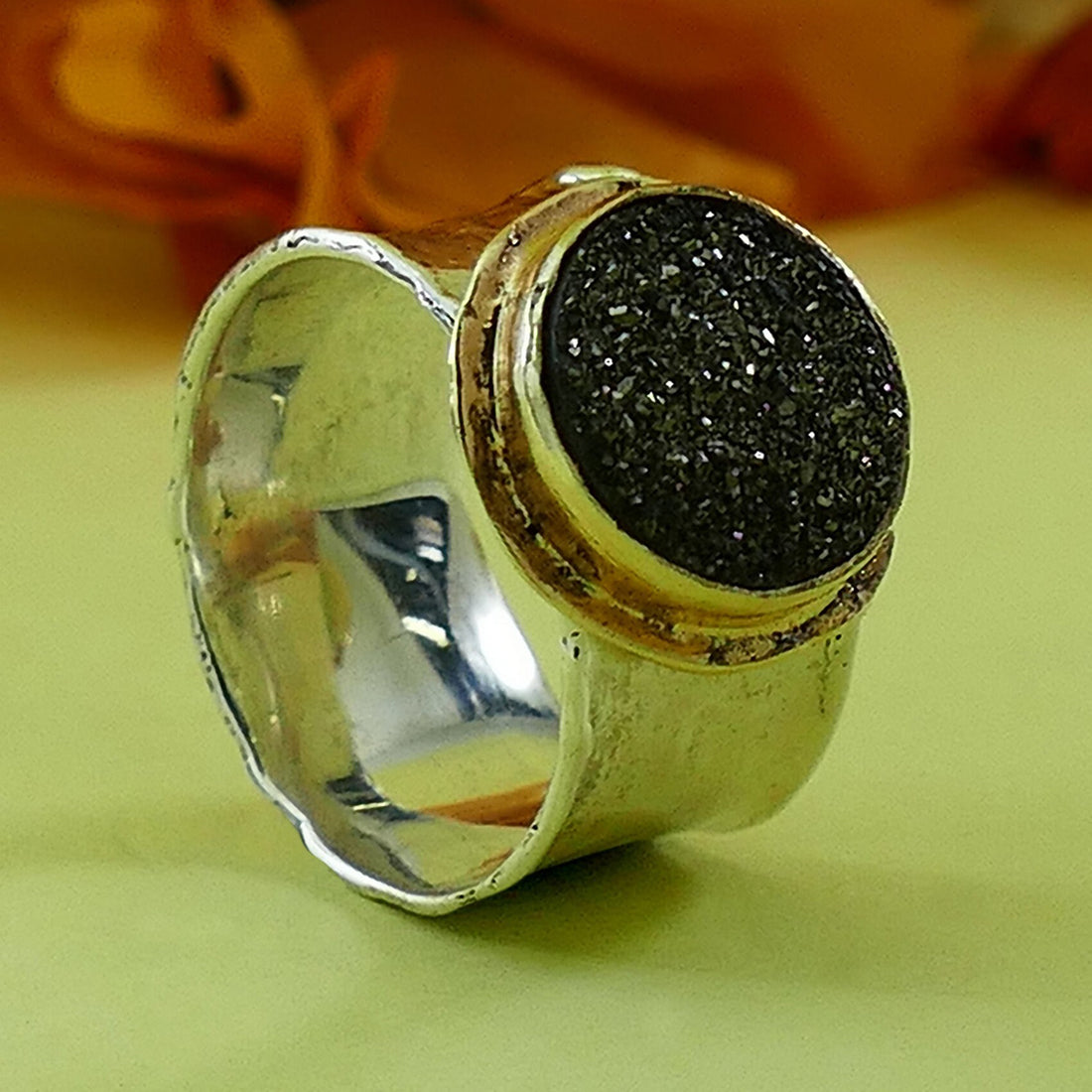 Druzy Mixed Metal Ring 4.4 Carat Gray Agate Druzy Stone Two Tone Solid 9k Yellow Gold &amp; 925 Sterling Silver Solitaire Ring Set Gemstone ring