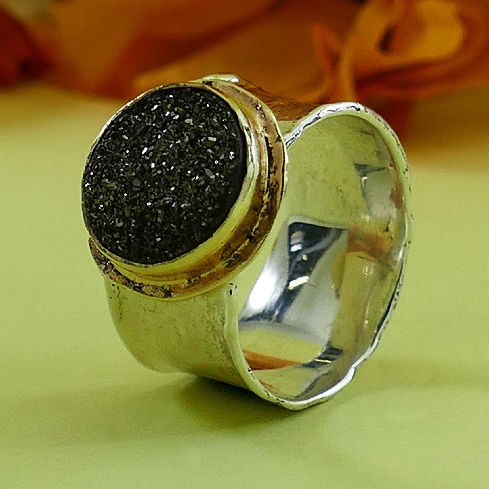 Druzy Mixed Metal Ring 4.4 Carat Gray Agate Druzy Stone Two Tone Solid 9k Yellow Gold &amp; 925 Sterling Silver Solitaire Ring Set Gemstone ring