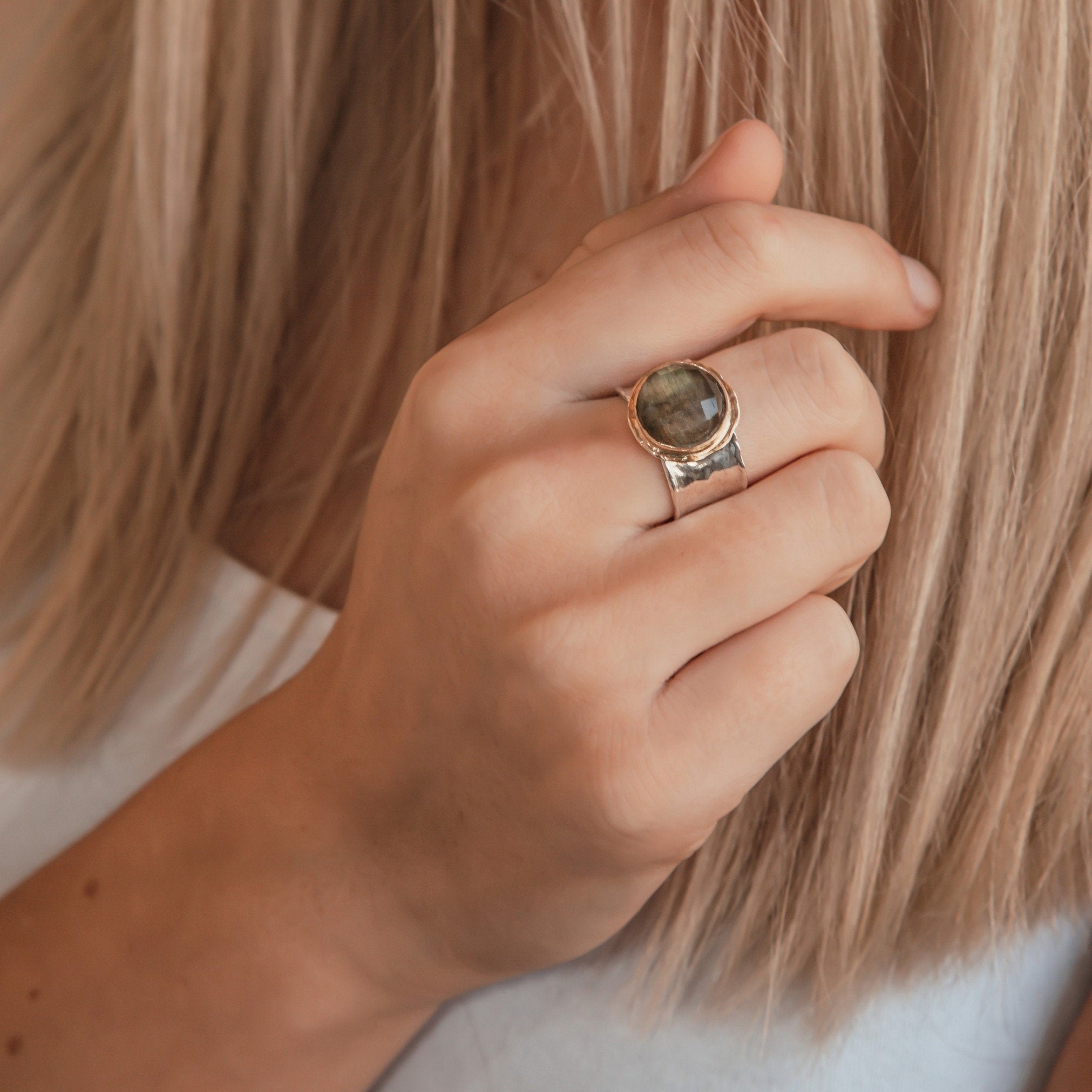 Labradorite Mixed Metal Ring 5.8 Carat Natural Green Labradorite Gemstone Two Tone Solid 9k Yellow Gold &amp; 925 Sterling Silver Solitaire Ring