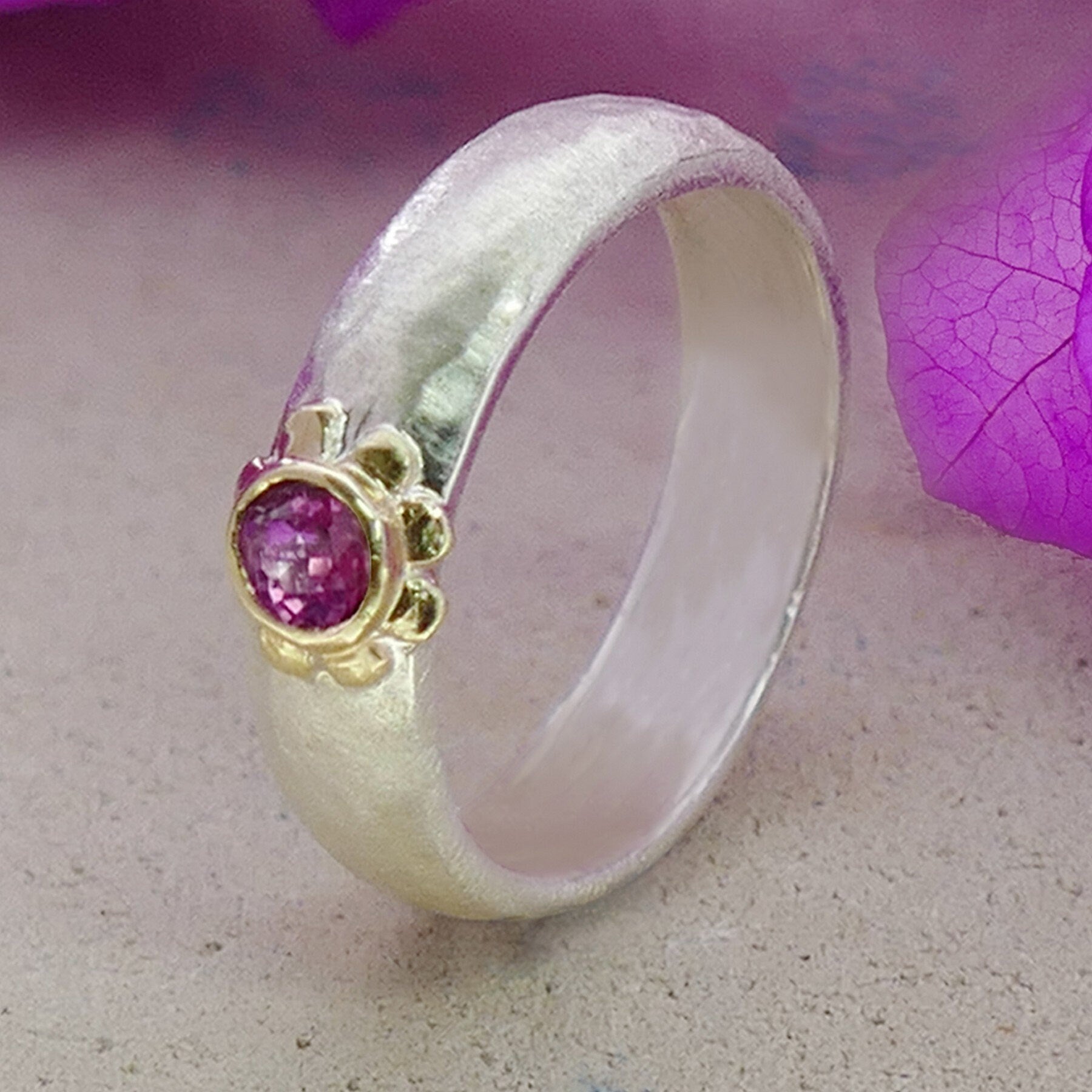 Tourmaline Mixed Metal Ring Natural Pink Tourmaline Gemstone Two Tone Solid 9k Yellow Gold &amp; 925 Sterling Silver Solitaire Ring