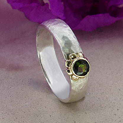 Mixed Metal Ring Natural Green Tourmaline Gemstone Two Tone 9k Gold &amp; 925 Sterling Silver Hammered Silver Ring Engagement Ring