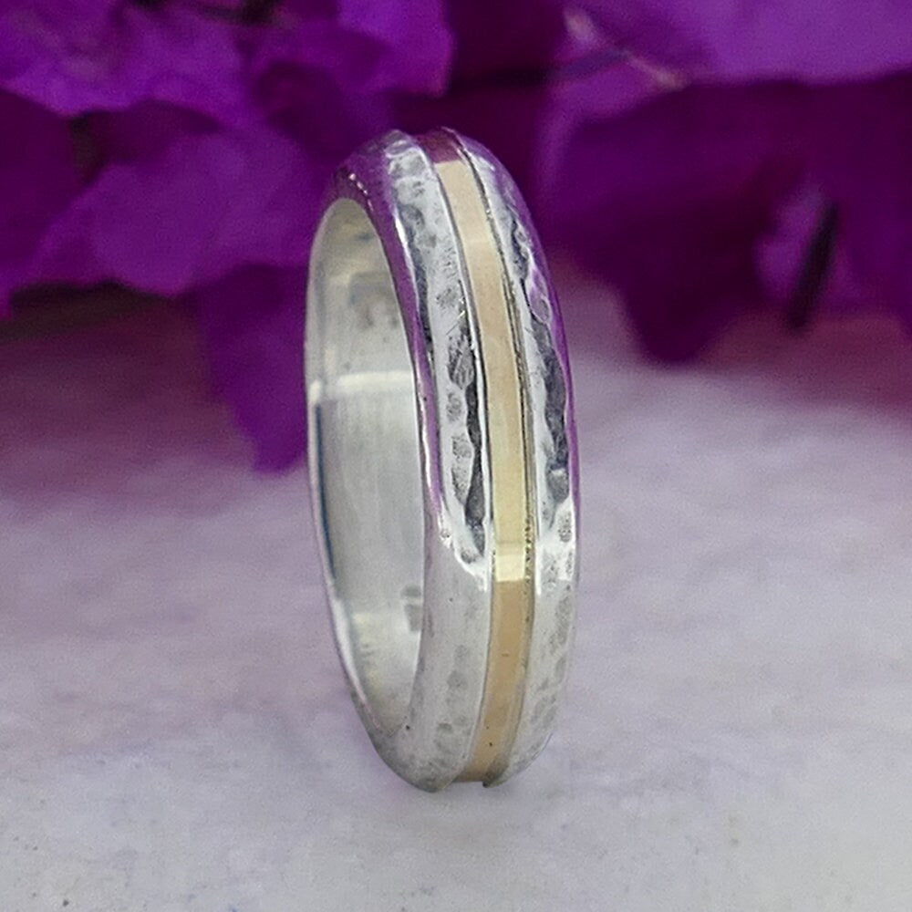 Two Tone Solid 9k Yellow Gold And 925 Sterling Silver Unisex Band Ring