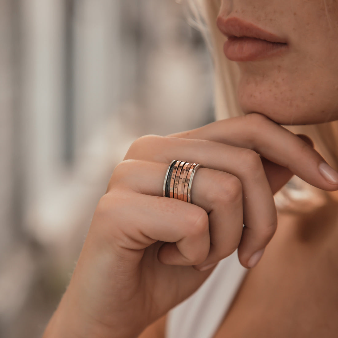 SPIRA Handcrafted Two Tone Solid 9k Rose Gold And 925 Sterling Silver Spinner Ring Contemporary Design, Gypsy ring, Hippie ring, Boho ring