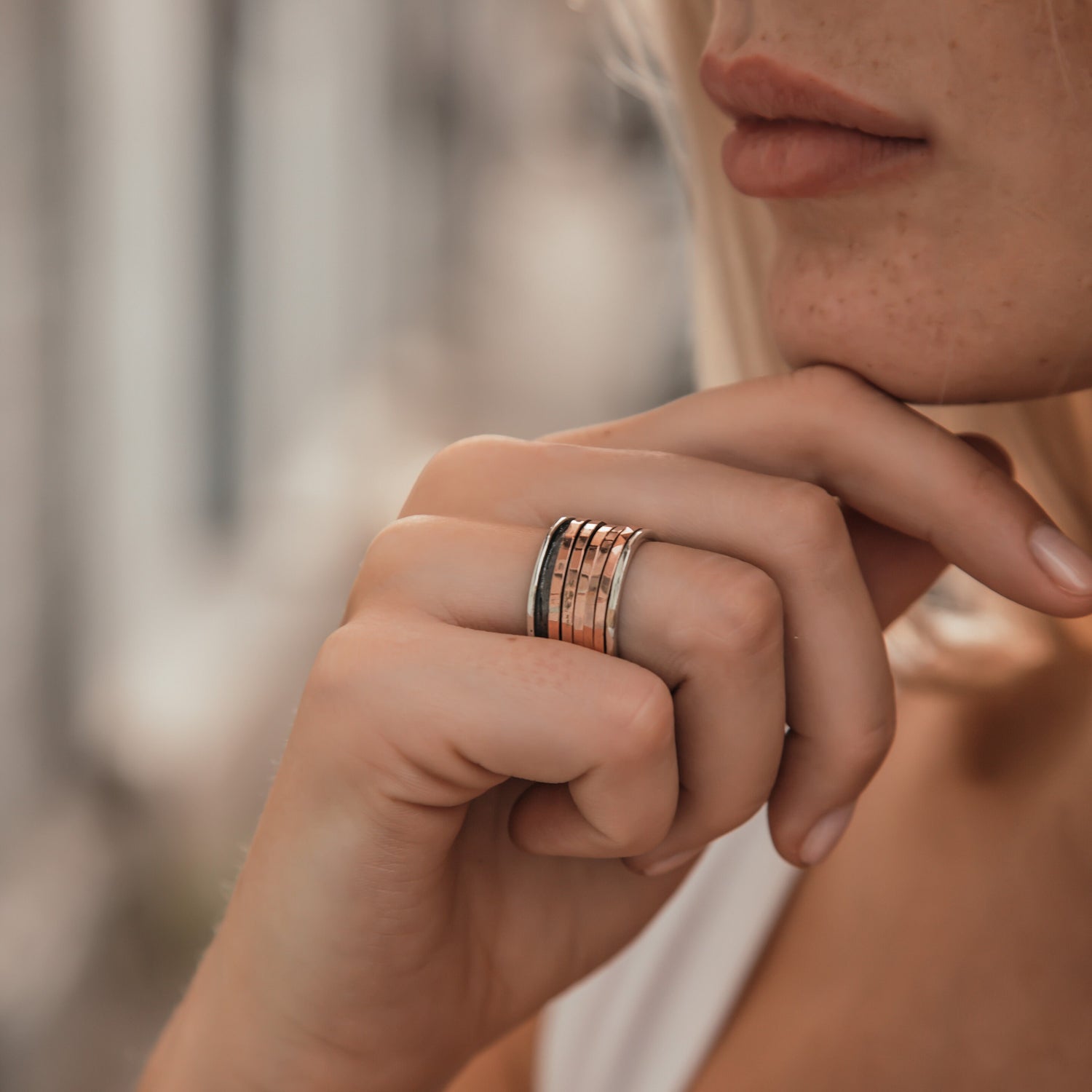 SPIRA Handcrafted Two Tone Solid 9k Rose Gold And 925 Sterling Silver Spinner Ring Contemporary Design, Gypsy ring, Hippie ring, Boho ring