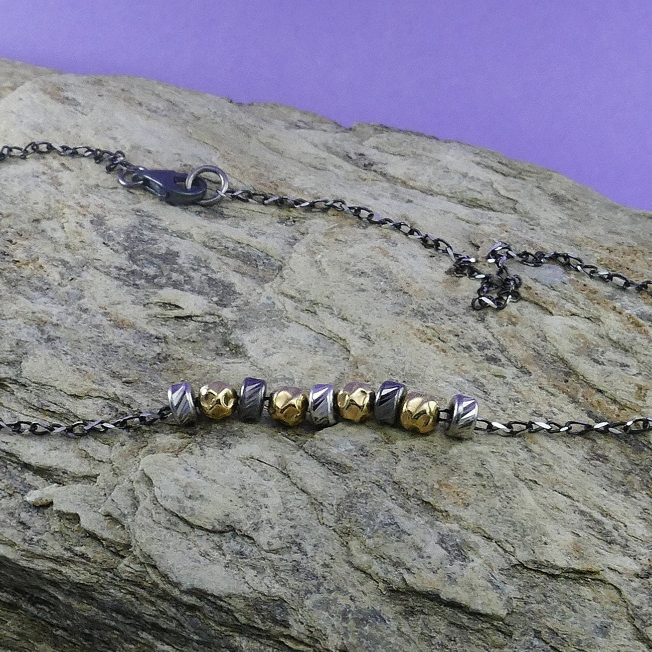 Statement Necklace Two Tone oxidied Silver Beaded Necklace 925 Sterling Silver and14k Yellow Gold Filled Free Fast Shipping!