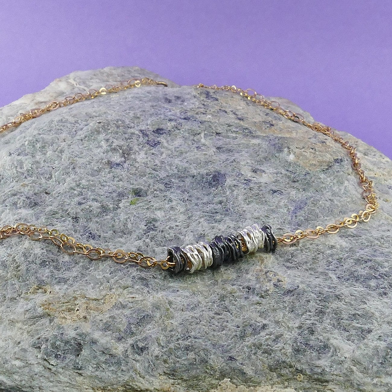 Unique Handcrafted Two Tone Beaded Necklace 925 Sterling Silver And 14 karat Yellow Gold Filled Double Loop Chain