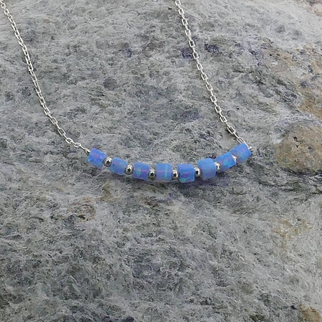 Handmade Blue Opal Beaded Necklace 925 Sterling Silver