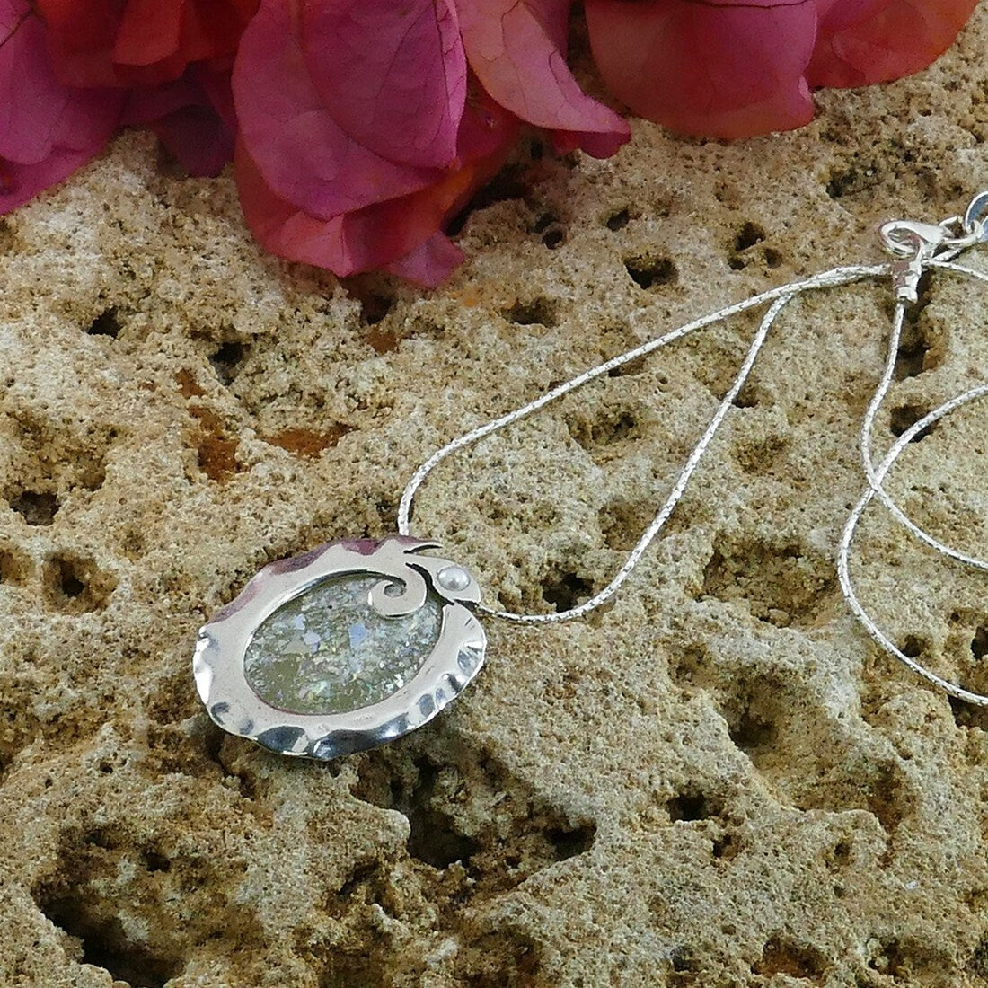 Unique Silver Roman Glass Gemstone Necklace