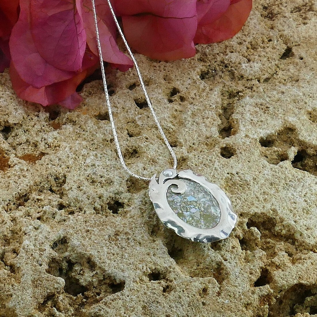 Unique Silver Roman Glass Gemstone Necklace