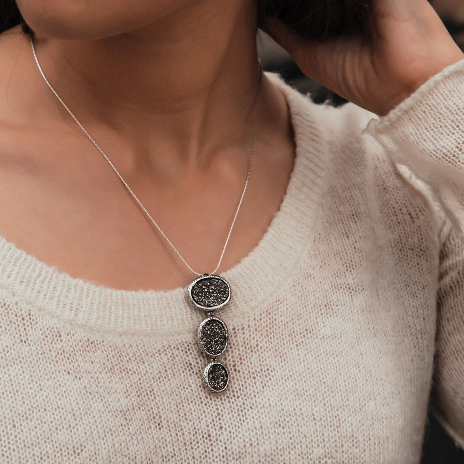 Handcrafted Gray Agate Druzy quartz Pendant 925 Sterling Silver Necklace