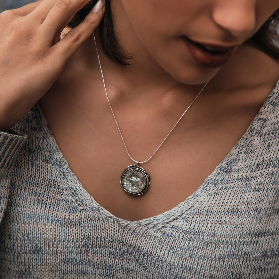 SPIRA 925 Sterling Silver Rope Chain Pendant with Ancient Roman Glass