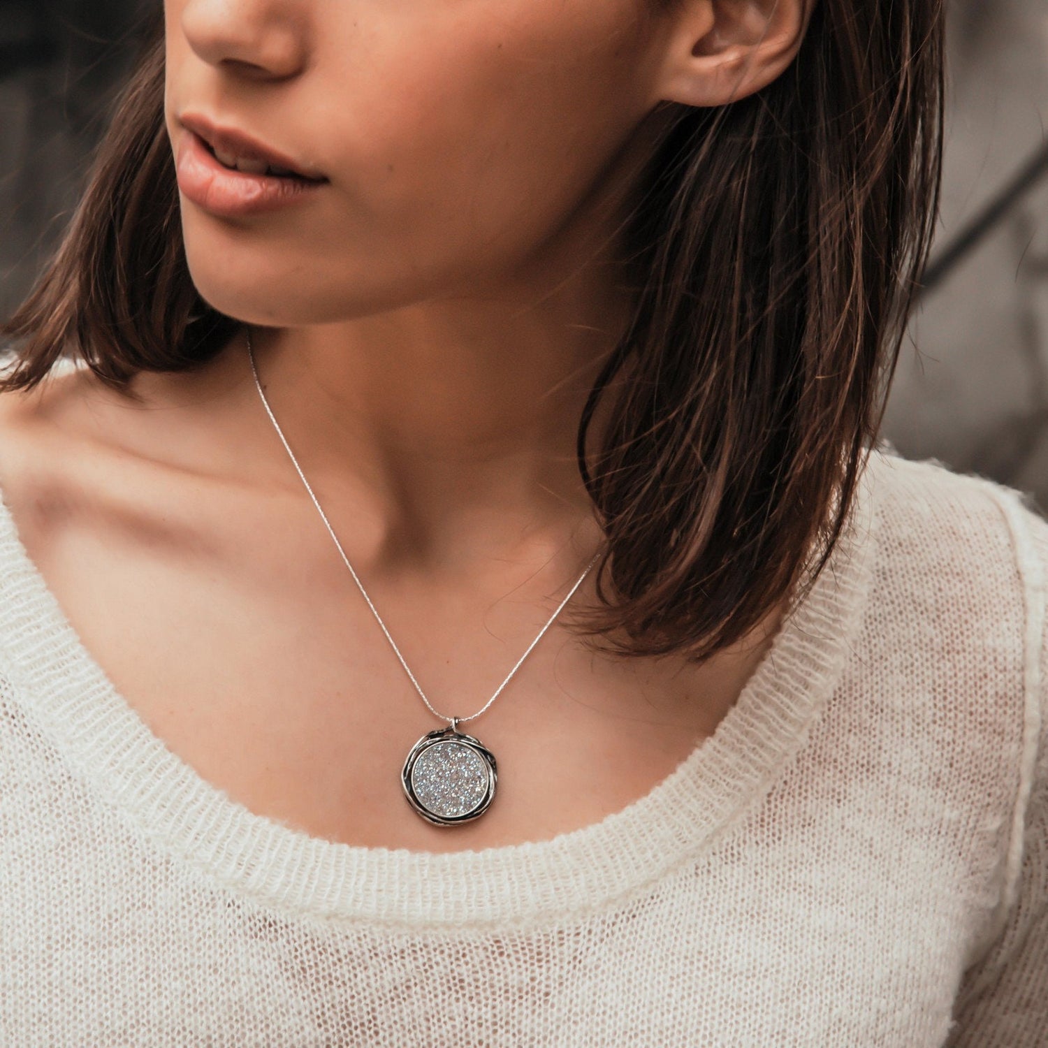 SPIRA Handcrafted 925 Sterling Silver White Agate Druzy Rope Pendant Chain Fast N Free Shipping! Druzy Stone Druzy Pendant Oxidized Necklace