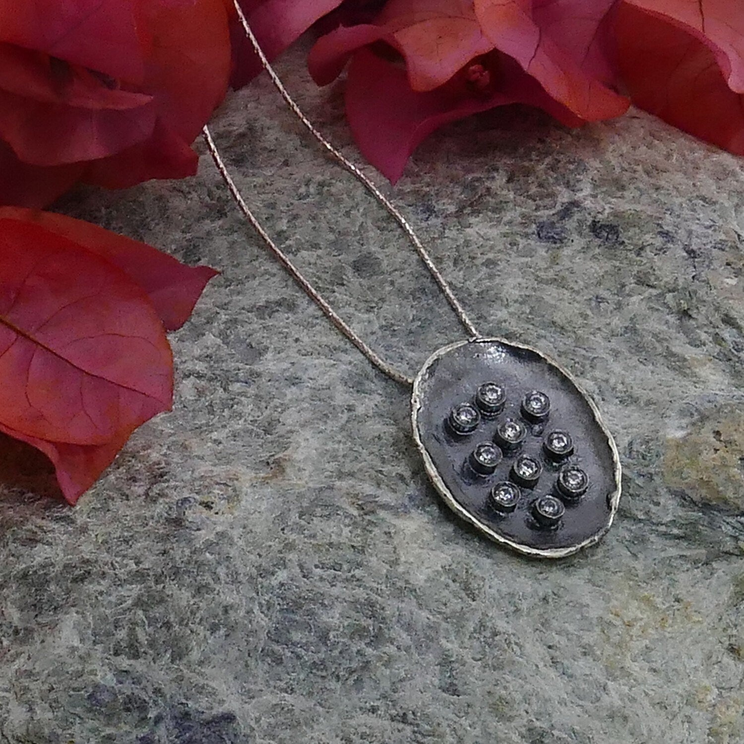 Handcrafted Oxidized Pendant 925 Sterling Silver White Cubic Zirconia Necklace