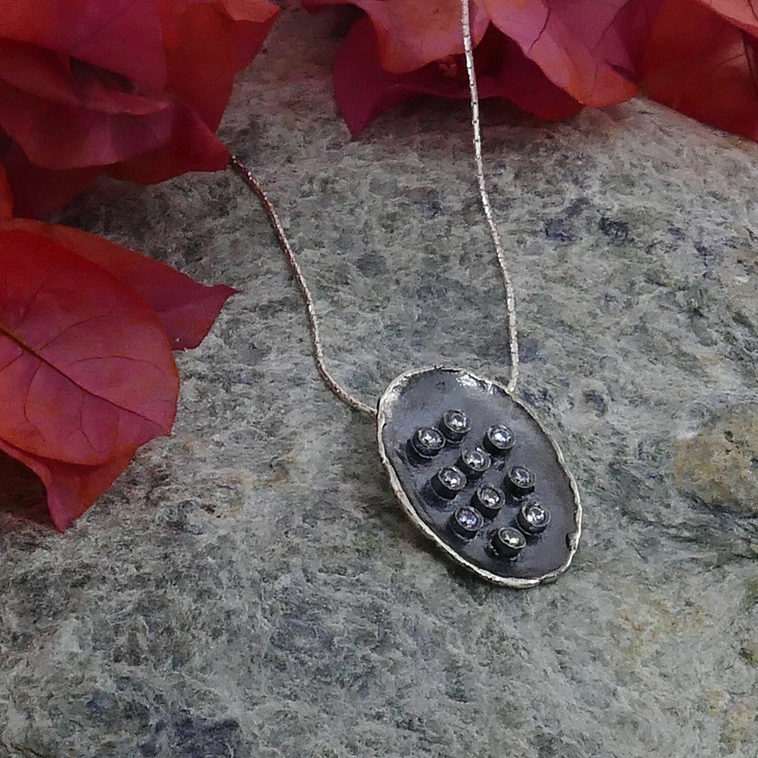 Handcrafted Oxidized Pendant 925 Sterling Silver White Cubic Zirconia Necklace