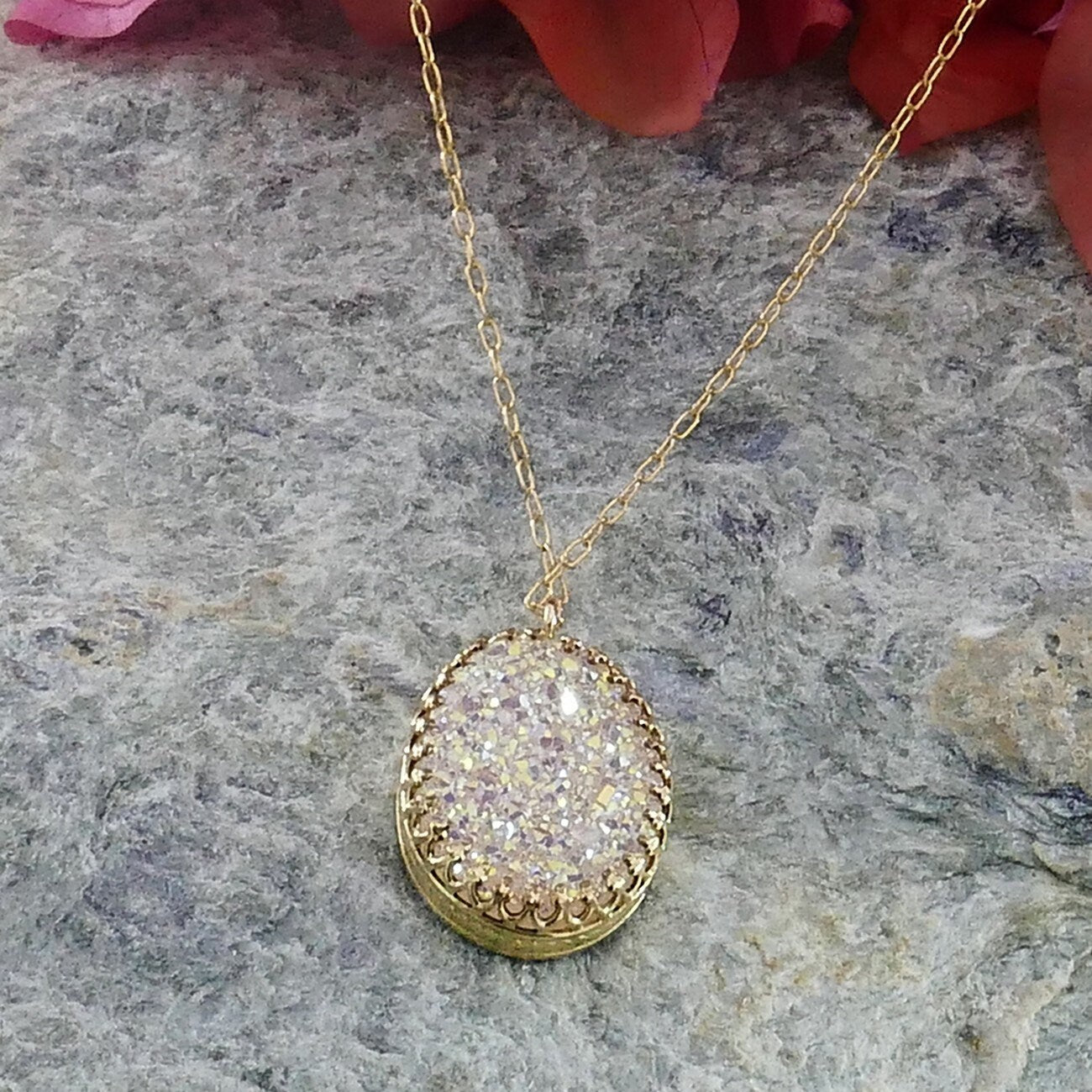 SPIRA Handcrafted 14k Yellow Gold Filled White Agate Druzy Loop Pendant Chain Druzy Gemstone Casual Necklace Druzy Pendant Druzy Necklace