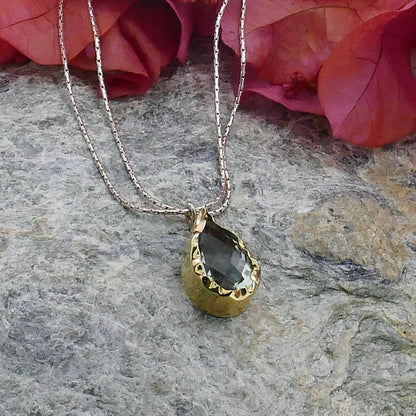 Two Tone Solid 9k Yellow Gold And 925 Sterling Silver Natural Green Amethyst Gemstone Pendant Chain Mixed Metal Necklace Gemstone Necklace