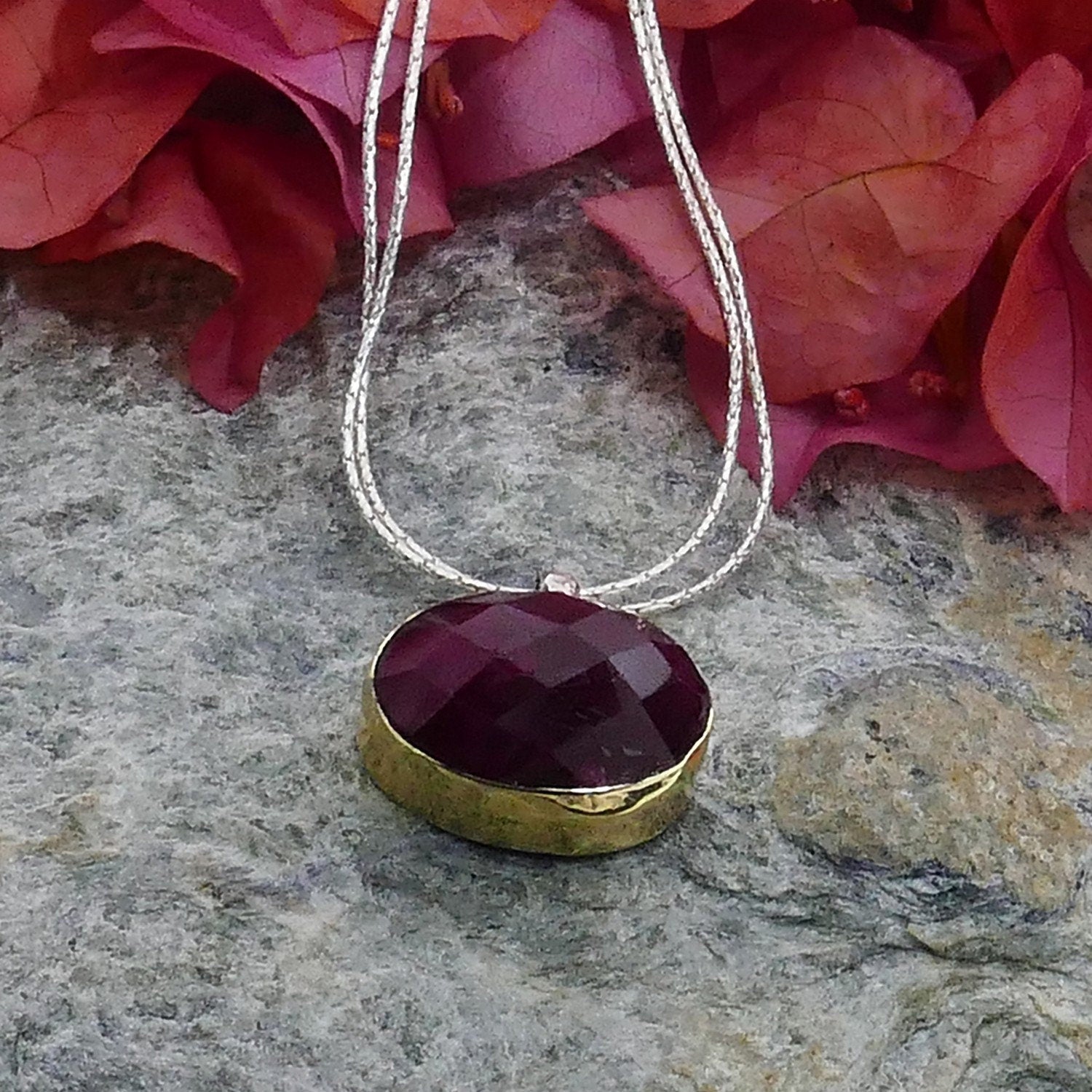 Ruby Necklace Two Tone Solid 9k Yellow Gold And 925 Sterling Silver Natural Red Ruby Gemstone Pendant Mixed Metal Necklace Two Tone Necklace