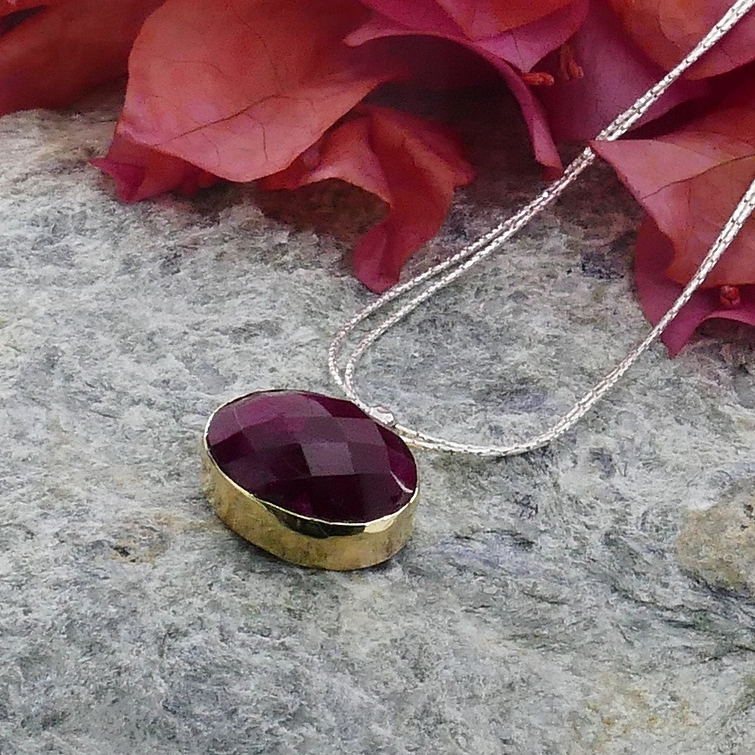 Ruby Necklace Two Tone Solid 9k Yellow Gold And 925 Sterling Silver Natural Red Ruby Gemstone Pendant Mixed Metal Necklace Two Tone Necklace