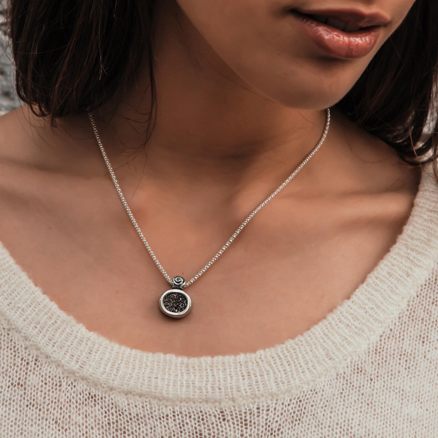 Druzy Gemstone Necklace 925 Sterling Silver Gray Agate Druzy Rope Pendant Chain Fast N Free Shipping! Druzy Pendant Casual Silver Necklace