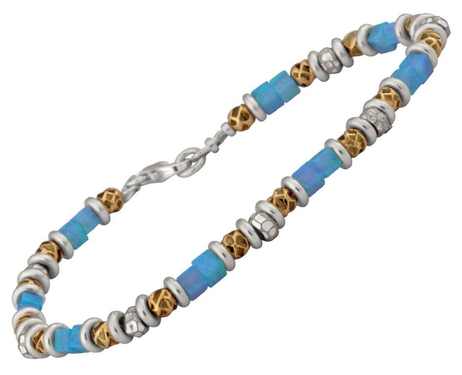 SPIRA Opal Bracelet Handcrafted Two Tone 925 Sterling Silver &amp; 14k Yellow Gold Filled Blue Opal Beaded Stones Bracelet Fast N Free Shipping!