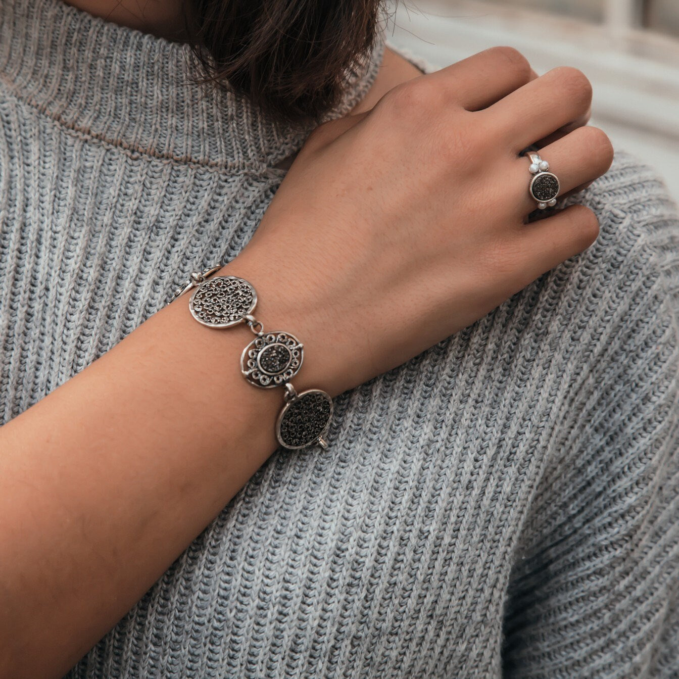 Druzy Silver Filigree Bracelet - Intricate Statement Jewelry