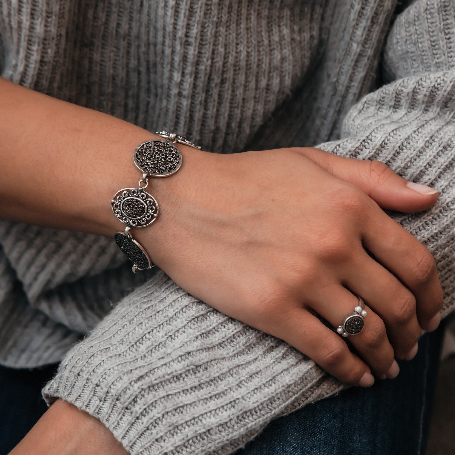 Druzy Silver Filigree Bracelet - Intricate Statement Jewelry