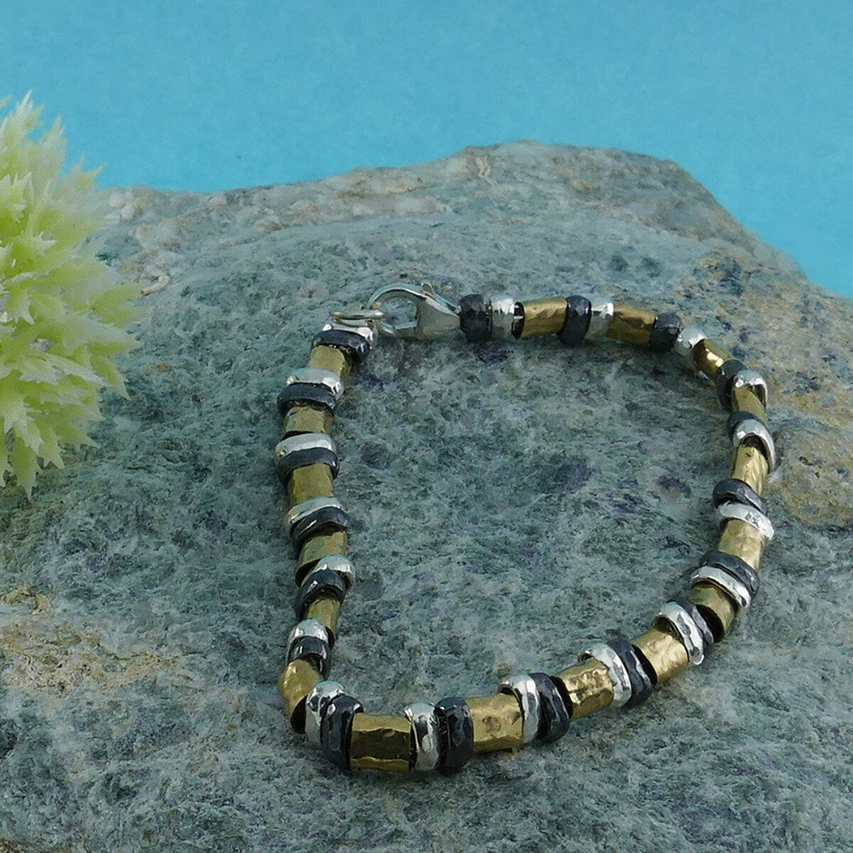 Golden Silver Symphony: Contemporary Two-Tone silver &amp; Gold Filled Bracelet