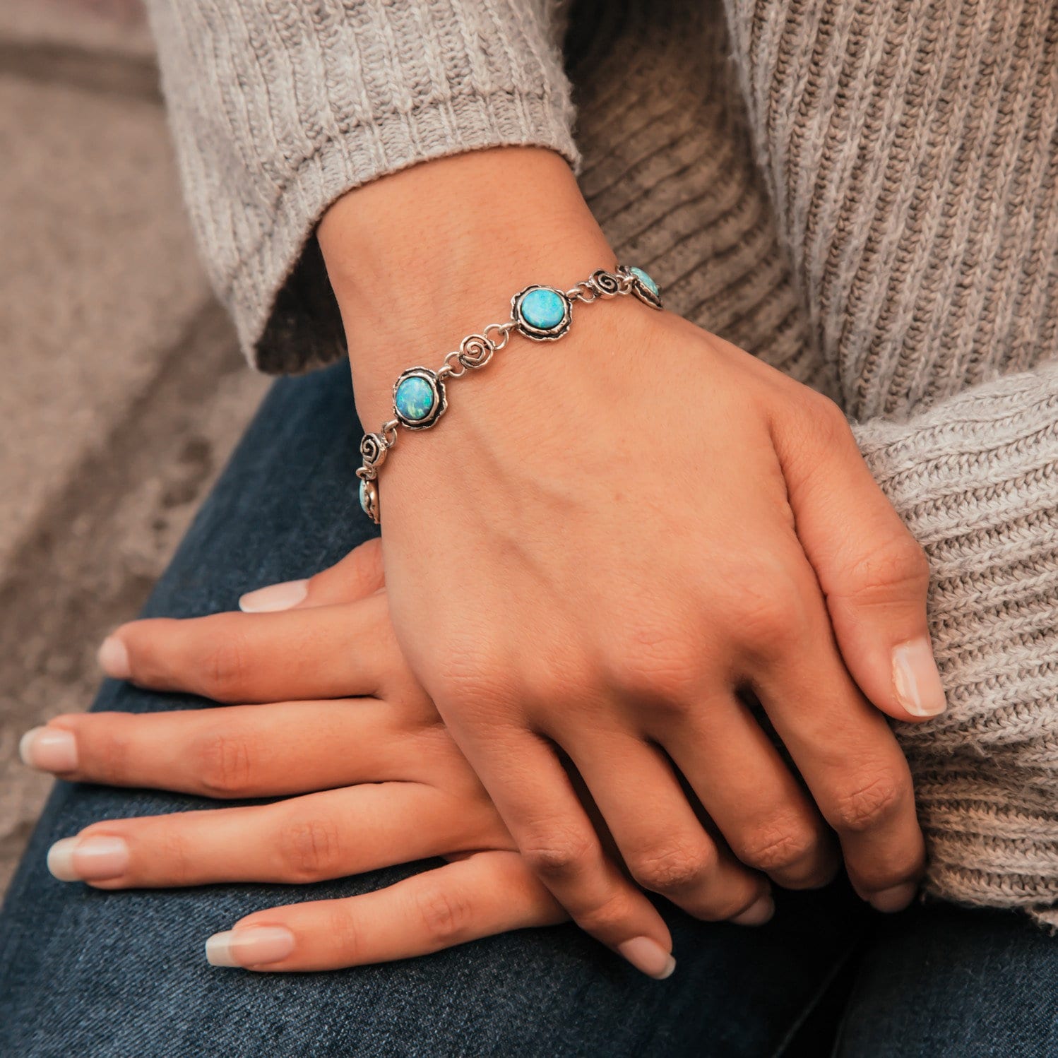 SPIRA Opal Silver Bracelet Handcrafted 925 Sterling Silver Blue Opal Chain &amp; Link Silver Gold Bracelet Fast Free Shipping!Boho Chic Bracelet