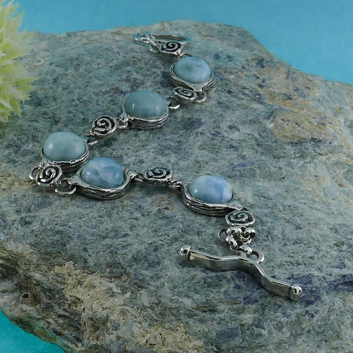 Natural Blue Larimar 925 Sterling Silver Bracelet