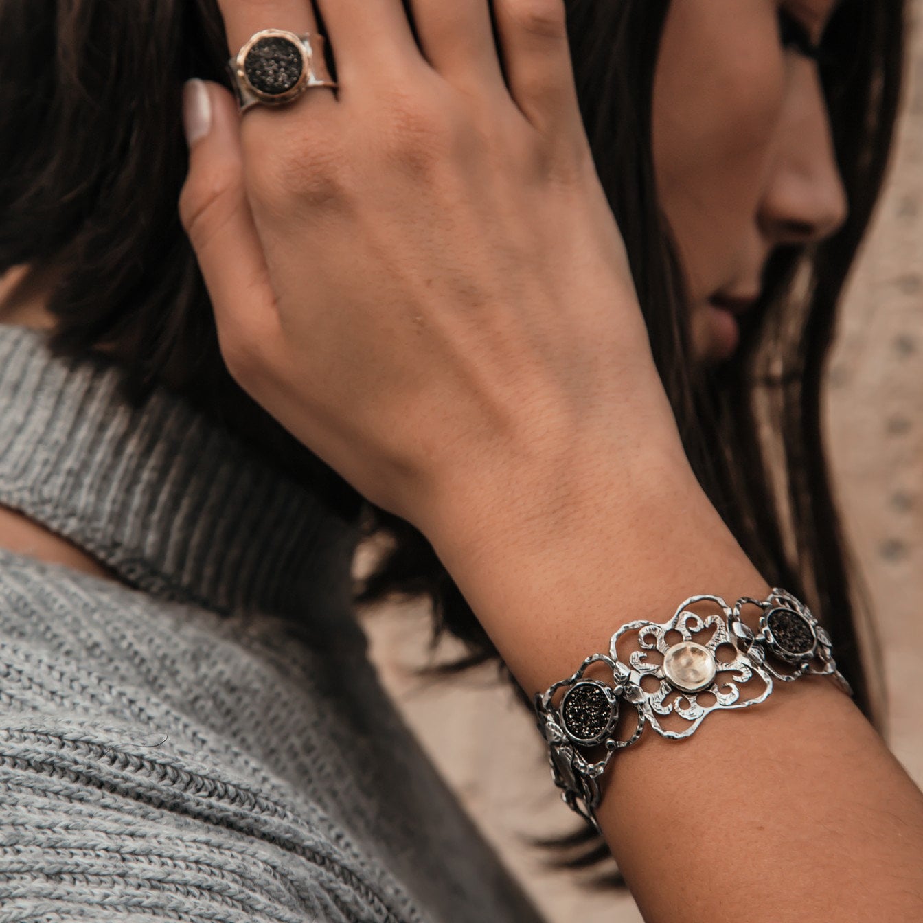 Mixed Metal Elegance - Silver and Gold Druzy Quartz Statement Bracelet