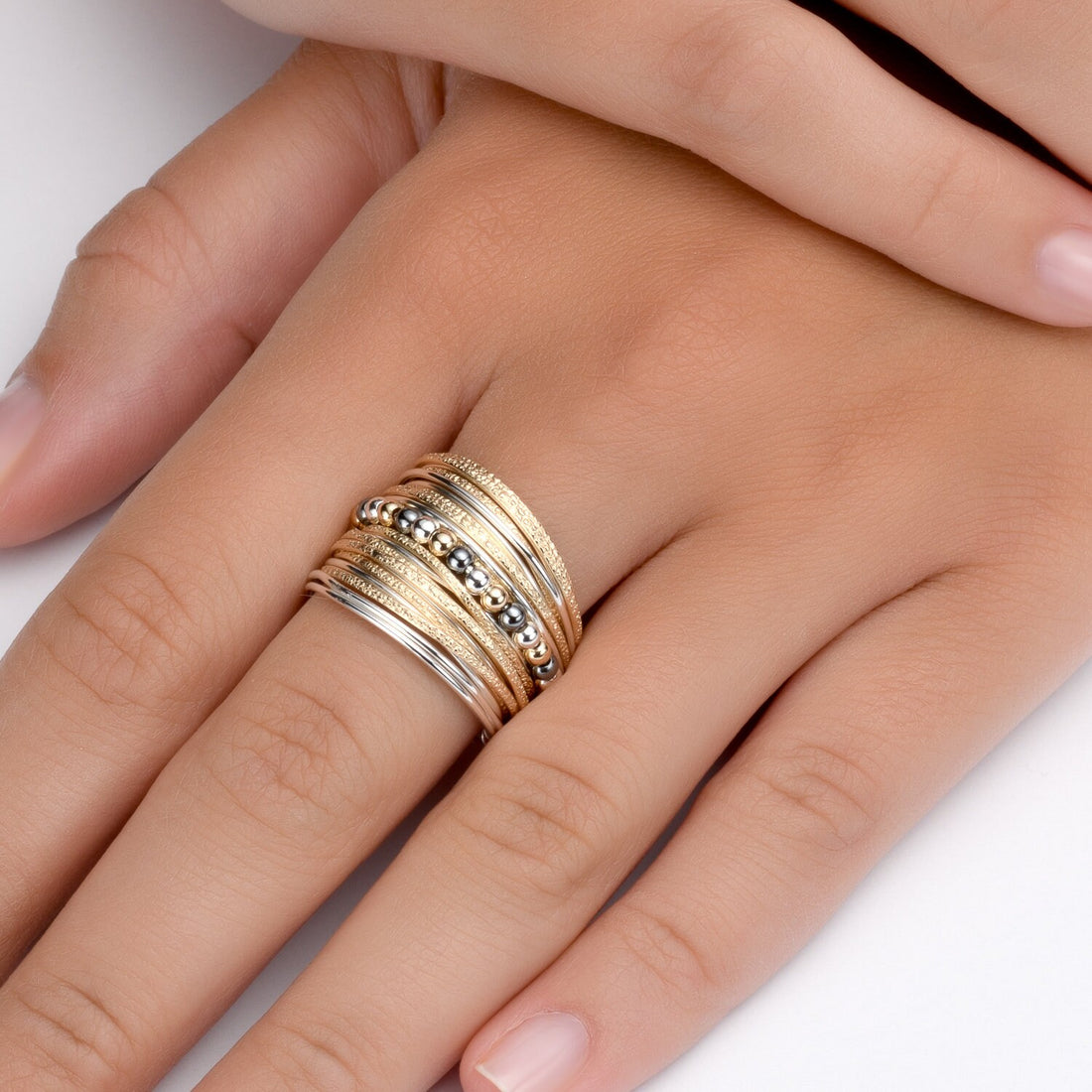 Wide Two-Tone Wrap Ring Jewelry, Handcrafted 14K Gold-Filled and Sterling Silver, Large Bohemian Ring