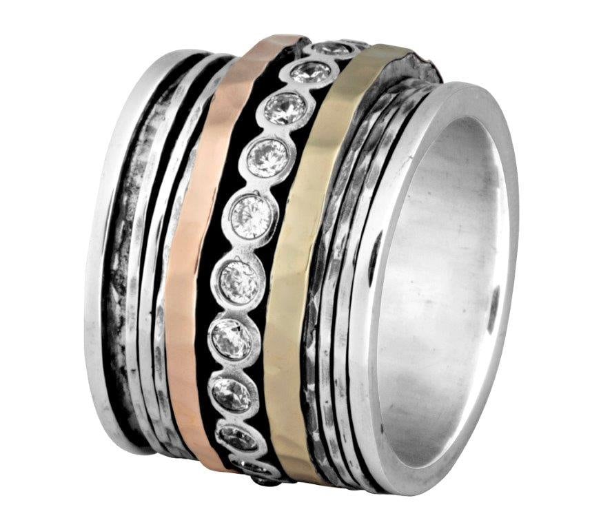 White Cubic Zirconia Stone Two Tone Solid 9k Yellow &amp; Rose Gold 925 Sterling Silver Spinner Ring Total Carat Weight: 1.50 - 1.74 Thickness mm: 3 Occasion: Anniversary Width mm: 17 Weight gr.: 17.3 Total Carat Weight (TCW): 1.6