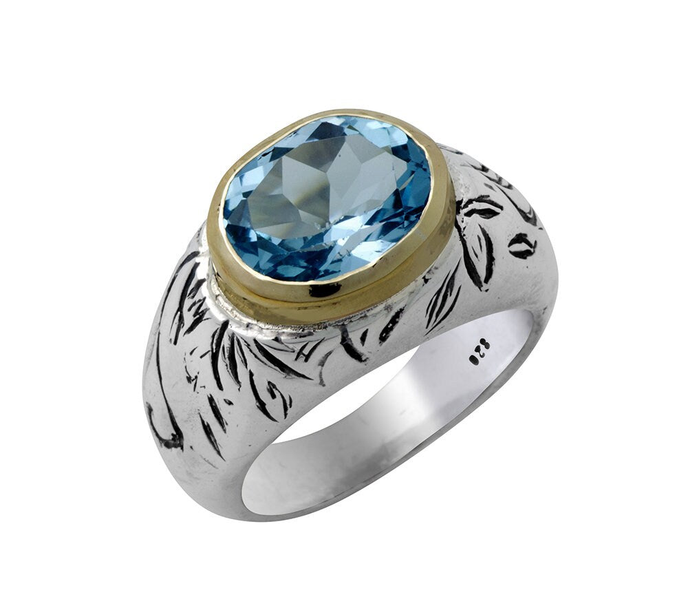 Blue Topaz Mixed Metal Ring Two Tone Solid 9 karat Yellow Gold and 925 Sterling Silver 5.3 Carat Natural Blue Topaz Gemstone