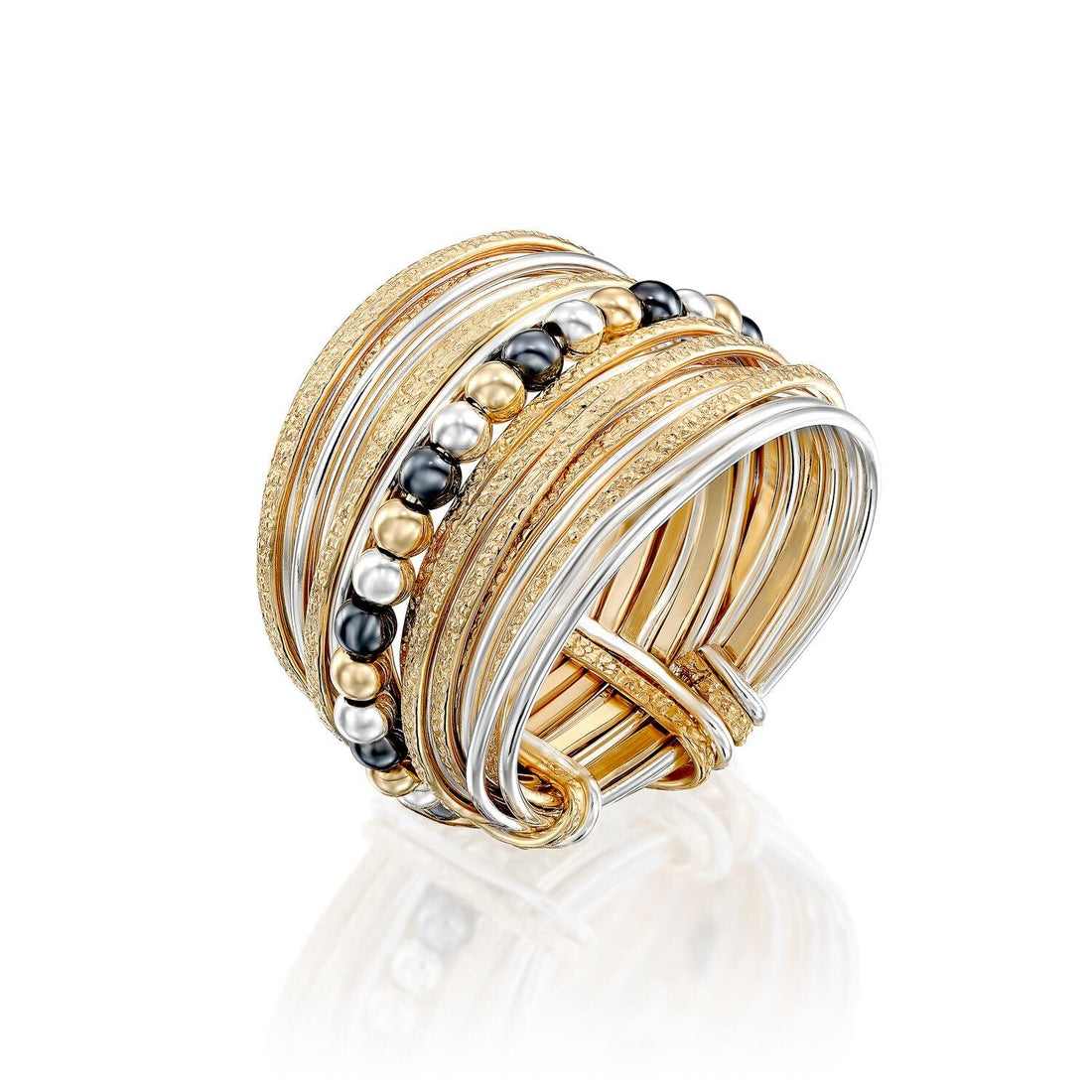 Wide Two-Tone Wrap Ring Jewelry, Handcrafted 14K Gold-Filled and Sterling Silver, Large Bohemian Ring