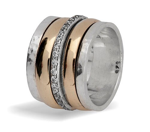 White Cubic Zirconia Stone Two Tone Solid 9k Yellow Gold & 925 Sterling Silver Spinner Ring, Two-Tone Mixed Metal Ring - Gold Spinner Ring with Cubic Zirconia Stone