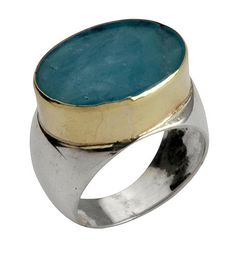 Aquamarine Gemstone Ring, Two Tone 9k Gold &amp; Sterling Silver Statement Rings for Women