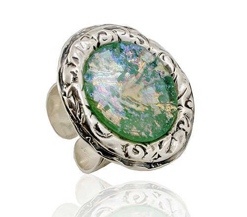 Green Ancient Roman Glass 925 Sterling Silver Statement Ring