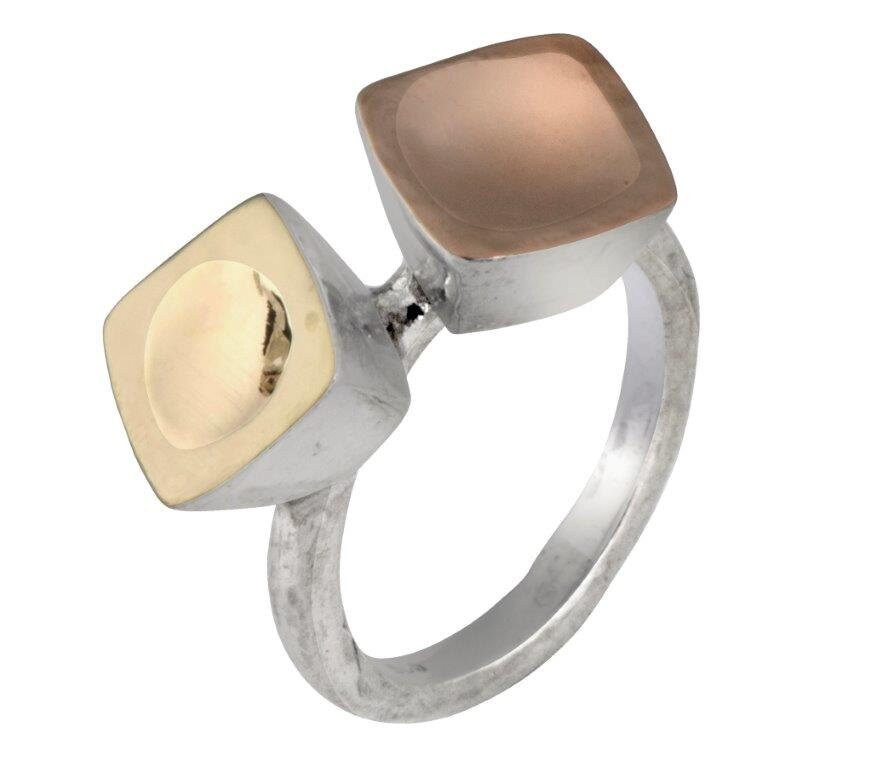 Mixed metal statment Ring Two Tone Solid 9k Yellow and Rose Gold and 925 Sterling Silver