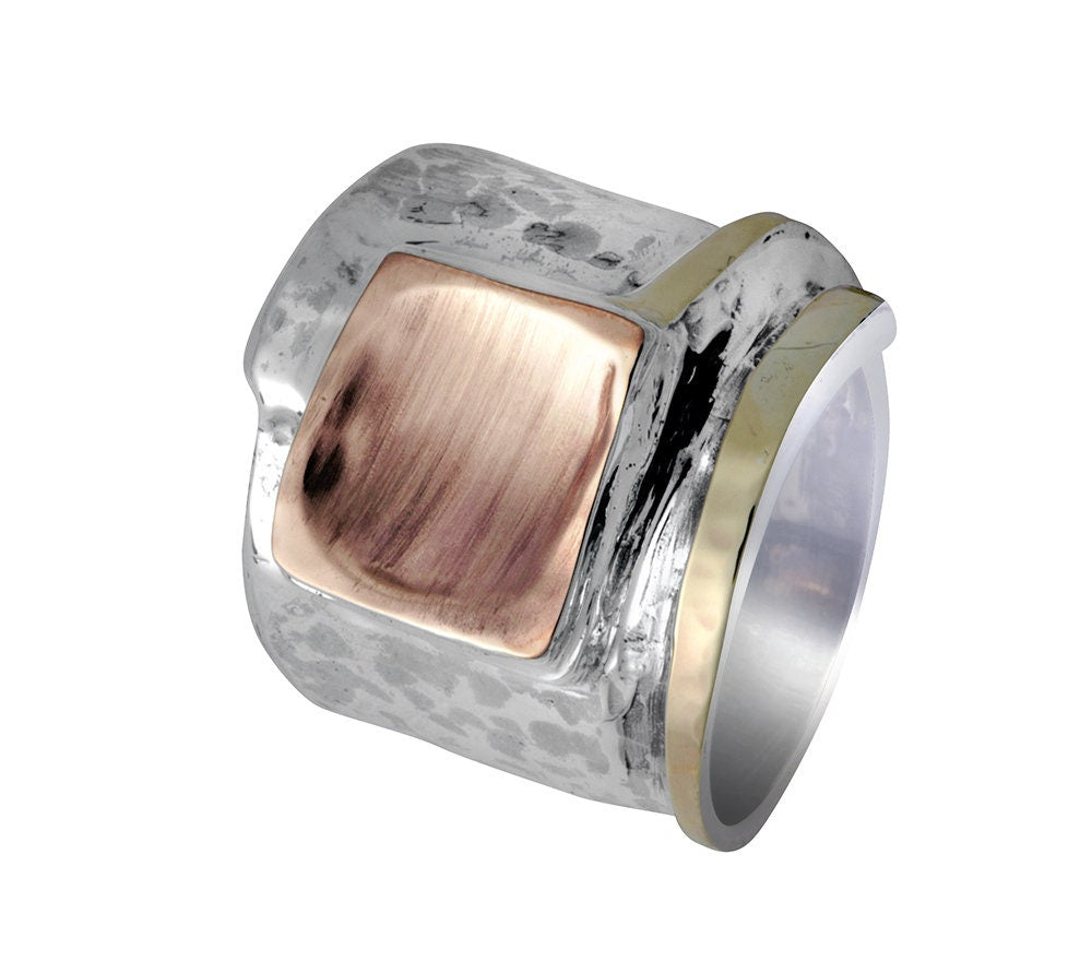 Statement Ring Two Tone Solid 9k Yellow &amp; Rose Gold And 925 Sterling Silver