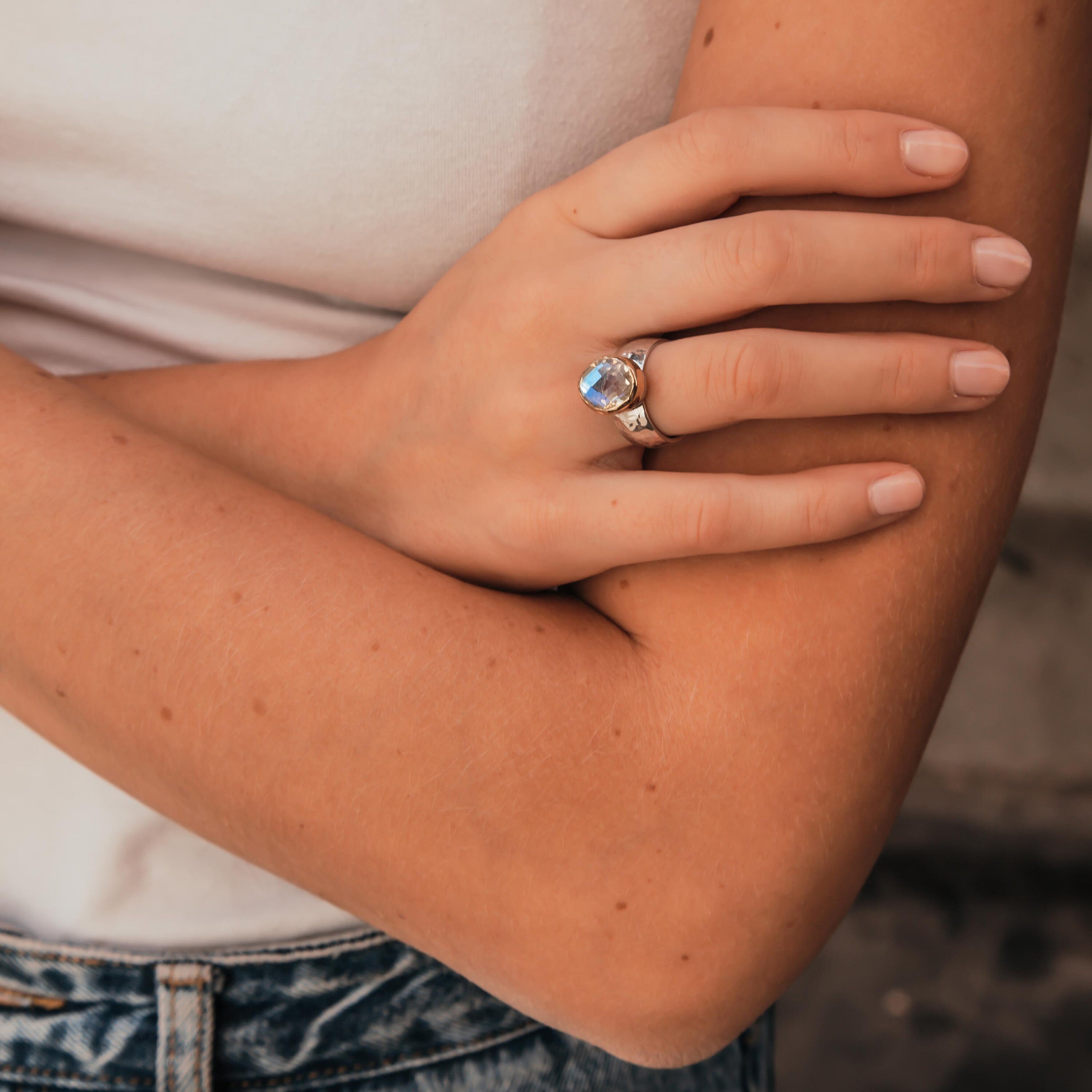 Ocean Dream: Handcrafted Blue Topaz Ring in Silver and Gold, Statement ring