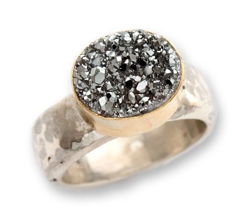 Druzy Quartz Gemstone Two Tone Solid 9k Yellow Gold &amp; 925 Sterling Silver Solitaire Ring Total Carat Weight (TCW): 5.2 Thickness mm: 2 Hight Above The Finger mm: 10 Width mm: 6.5 Weight gr.: 8.6