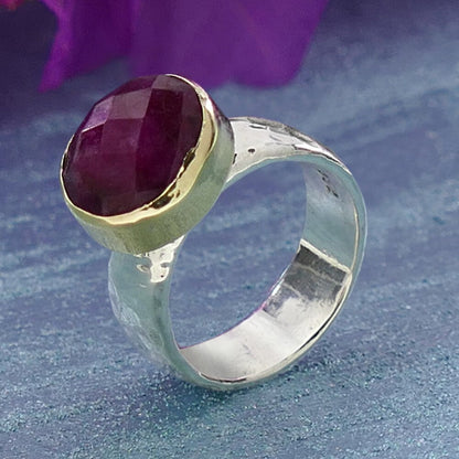 Ruby Stone Two Tone Solid 9k Yellow Gold and 925 Sterling Silver Solitaire Ring