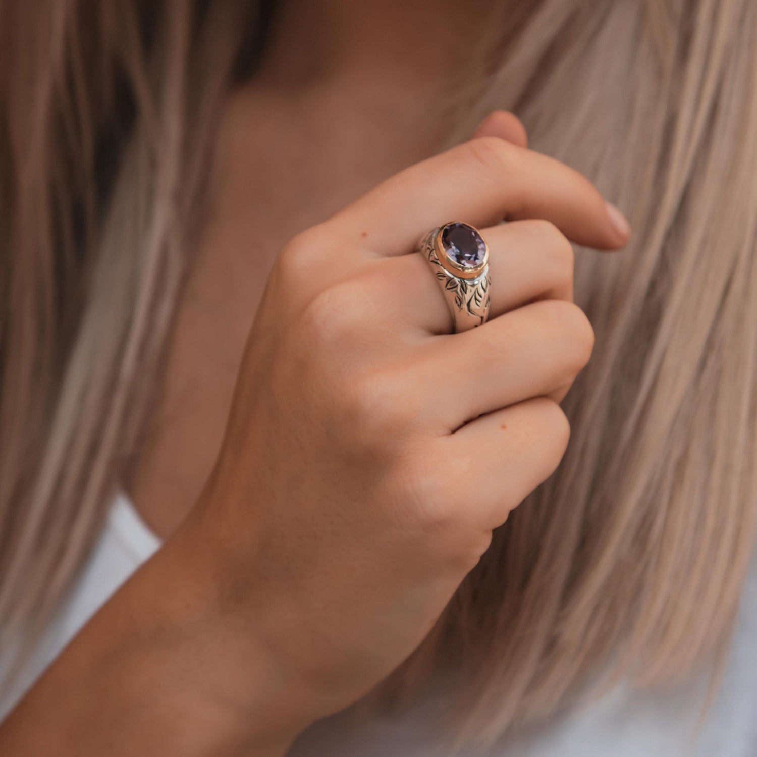 Two Tone Solid 9 karat Yellow Gold and 925 Sterling Silver Solitaire Ring 5.4 Carat White Rainbow Quartz Stone