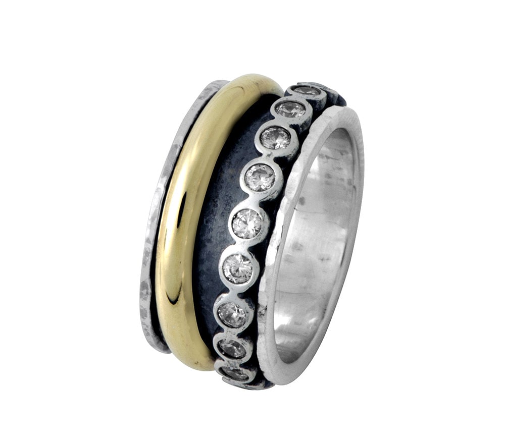 Spinner Ring Cubic Zirconia Stone Two Tone Solid 9k Yellow Gold &amp; 925 Sterling Silver Metal Purity: 9k Main Stone: Doublet Opals Thickness mm: 2 Hight Above The Finger mm: 2 Width mm: 10.5 Weight gr.: 8.6