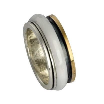 SPIRA Handcrafted Black Ceramic Two Tone Solid 9k Yellow Gold and 925 Sterling Silver Spinner Ring Set Setting, Gypsy ring, Bohemian ring