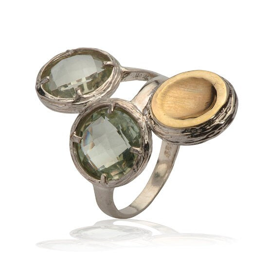 8 Carat Gray Agate Druzy Stone Two Tone Solid 9k Yellow Gold &amp; 925 Sterling Silver Statement Ring Set Setting Mixed metal ring Bohemian ring