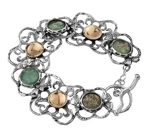 Two Tone Roman Glass Bracelet Solid 9k Yellow Gold 925 Sterling Silver Green Roman Glass Silver Gold Bracelet Free Shipping!